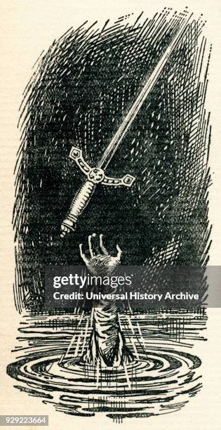 King Arthur's sword Excalibur and the hand emerging from the lake. Illustration from the book The Gateway to Tennyson published 1910.