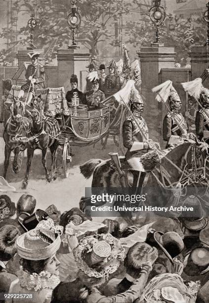 King Edward VII and his wife Alexandra of Denmark leaving Marlborough House, London, England in the late 19th century. From Living London, published...
