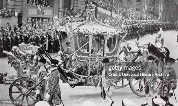 King George VI and Queen Elizabeth in the coach of state during their journey from the Palace to Westminster Abbey to their coronation ceremony 12th...