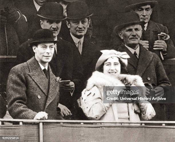 King George VI and Queen Elizabeth seen here in the Royal Box at Aintree racecourse for the 1937 Grand National. Prince Albert, future King George...