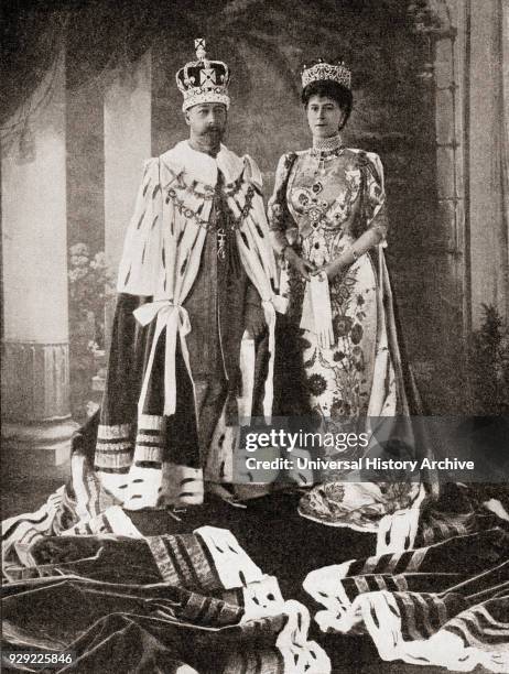 King George V and Queen Mary in their state robes after the coronation ceremony in 1911. George V, 1865 – 1936. King of the United Kingdom and the...