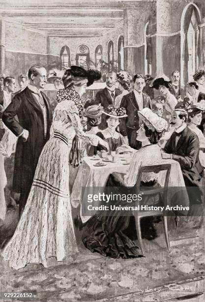 Ladies Day at the London gentlemen's Constitutional Club in the late 19th century. Members were required to pledge support to the Conservative Party....