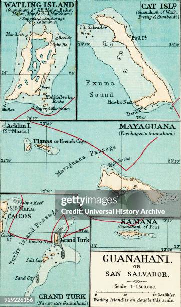 Map of Guanahani or San Salvador showing Watling Island where Christopher Columbus made landfall in 1492. From the book Life of Christopher Columbus...