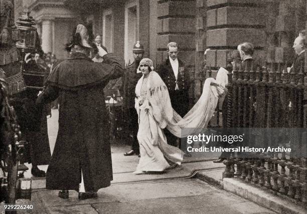 Lady Elizabeth Bowes Lyon on her way to her wedding on April 26 to H.R.H. The Duke of York, later King George VI. Elizabeth Angela Marguerite...