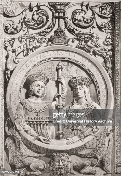 Medallion on the facade of the University of Salamanca, Spain, showing the busts of the Catholic Kings. Ferdinand II of Aragon, Ferdinand the...