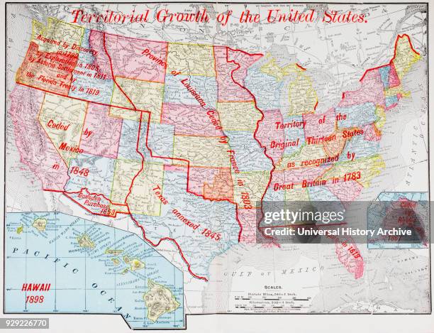 Map from 1898 showing the territorial growth of the United States of America. From The History of Our Country, published 1900