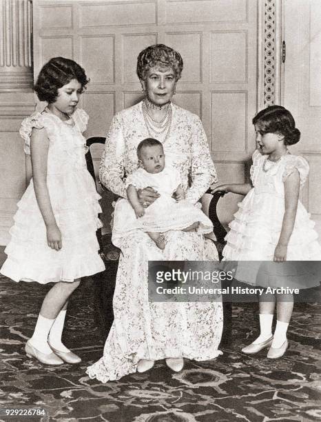 Mary of Teck with her grandchildren in 1936, Princess Elizabeth, left, Princess Margaret Rose, right and on her lap, Prince Edward. Mary of Teck,...