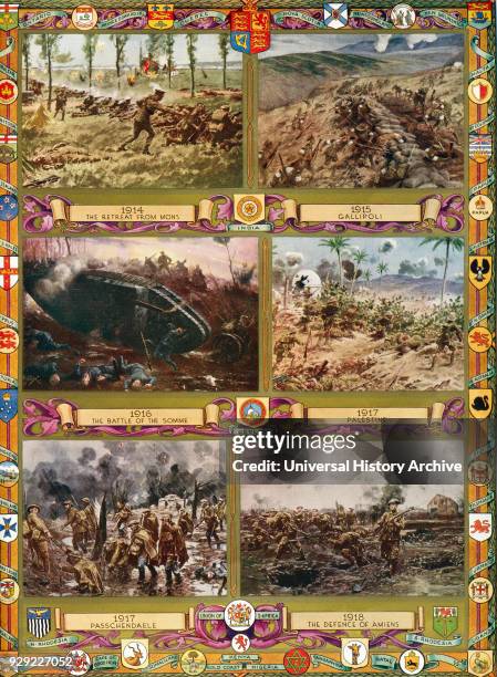 Phases of the British Army's part in World War One. From top left, The Retreat from Mons Gallipoli The Battle of the Somme Palestine Passchendaele...