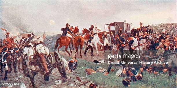 On the Evening of the Battle of Waterloo. After a painting by Ernest Crofts. The painting shows Napoleon leaving the battle field after the defeat of...