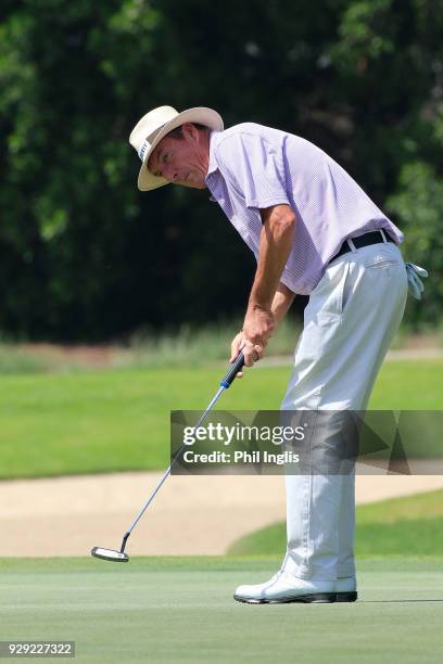 Mark Mouland of Wales in action during the first round of the Sharjah Senior Golf Masters played at Sharjah Golf & Shooting Club on March 8, 2018 in...