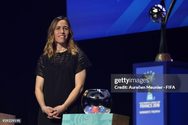 Camille Abily waits for the beginning of the official draw for the FIFA U-20 Women's World Cup France 2018 on March 8, 2018 in Rennes, France.