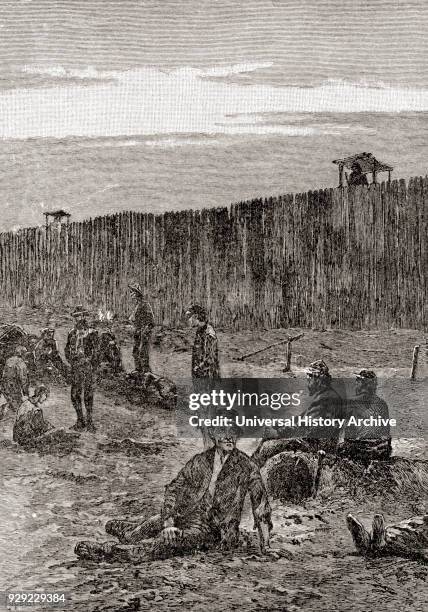 Prisoners in the Andersonville Prison, confederate prisoner-of-war camp during the American Civil War. From The History of our Country, published1900.