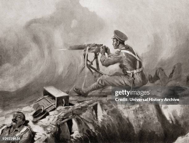 Private J. Lynn from the 2nd Lancashire Fusiliers, serves a machine gun and beats off a German attack whilst dying from gas poisoning during The...