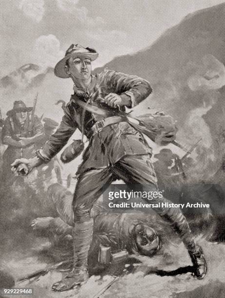 Private Keysor risking his life to pick up Turkish grenades as they were thrown into the trenches and throw them back out at the Battle of Lone Pine...