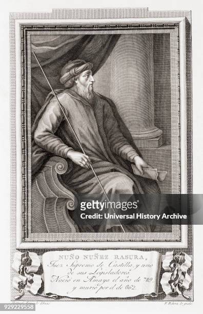 Nuño Rasura aka Nuño Nuñez Rasura, c.789 - c.862. Legendary judge of Castile, Spain. After an etching in Retratos de Los Españoles Ilustres,...