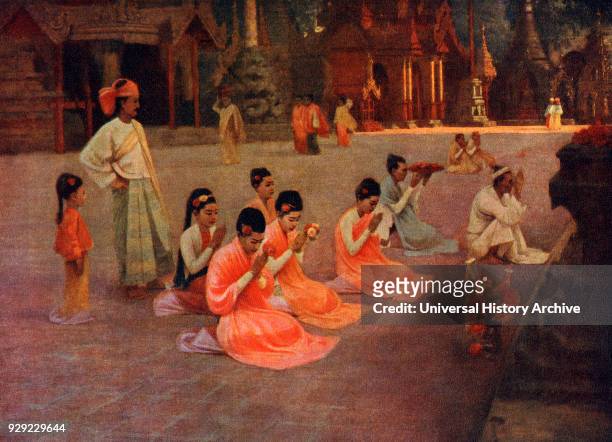 People of the Andaman and Nicobar Islands, south east Asia, worshipping at a pagoda. From Customs of The World, published c.1913.