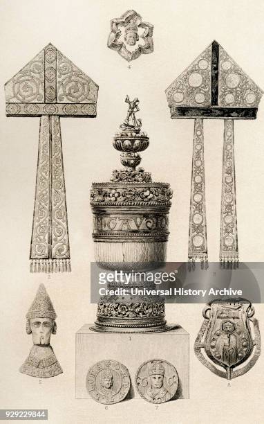 Relics associated with Thomas a Becket. 1. Ivory Grace Cup 2 and 3. Mitres 4 6 and 7. Leaden Tokens 8. Leaden Ampulla. From Illustrations of English...