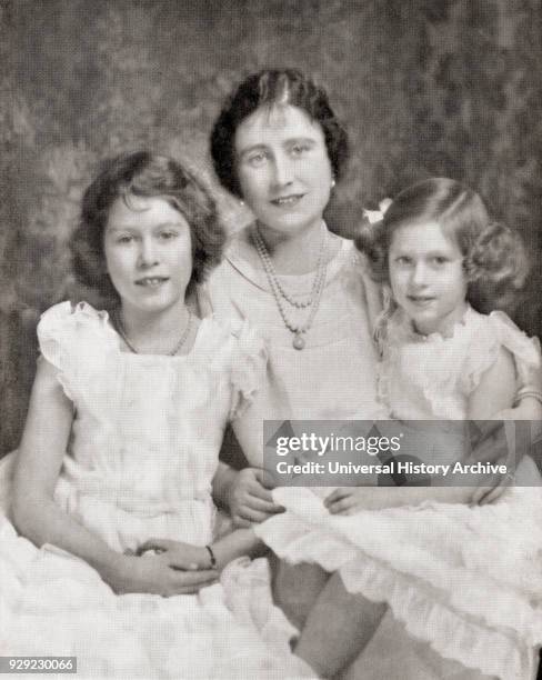 Queen Elizabeth with her daughters Princess Elizabeth, future Queen Elizabeth II, left and Princess Margaret, right, in 1937. Queen Elizabeth, The...