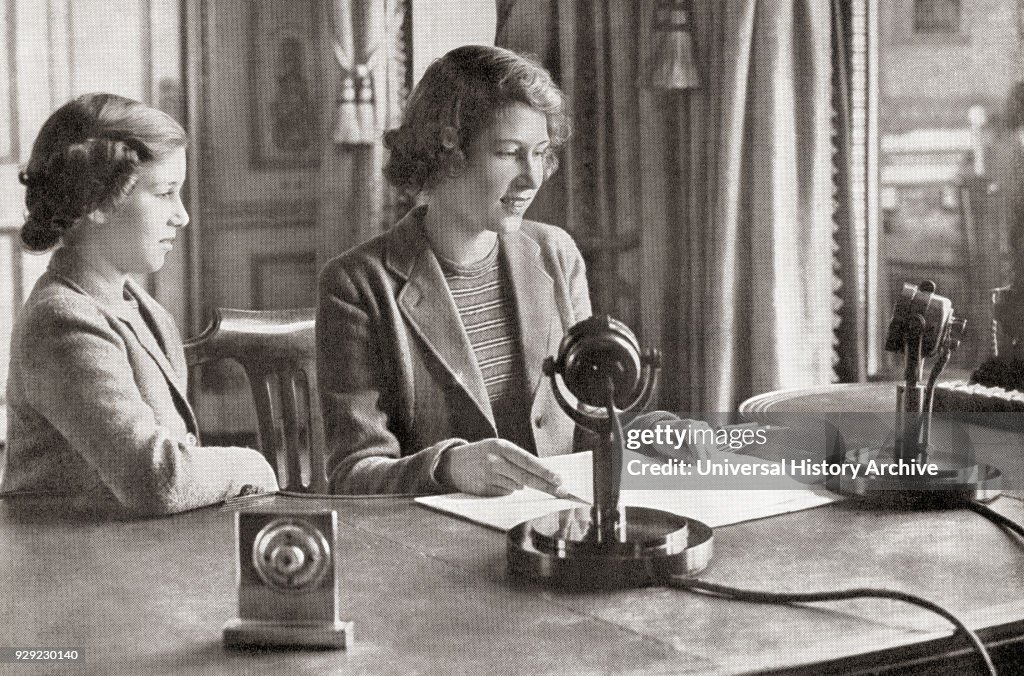 Princess Margaret, left, and Princess Elizabeth, future Queen Elizabeth II, right, broadcasting to the children of the empire, 13h October, 1940