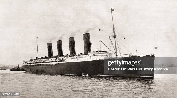 Lusitania Cunard Line ocean liner, torpedoed and sunk by a German submarine in 1915, during World War One. From The Illustrated War News, published...