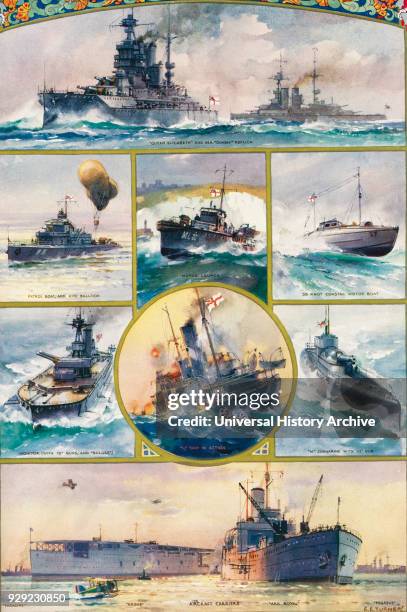 Types of British warships brought into being by the Great War. From top, left to right. Queen Elizabeth and her dummy replica, patrol boat and kite...