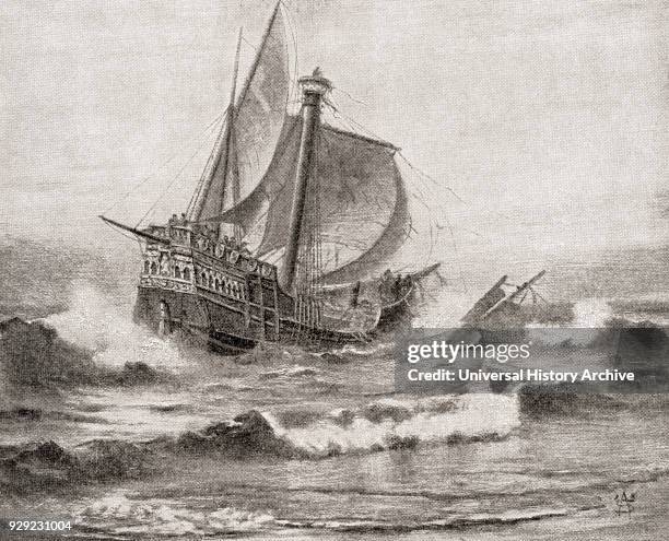 The wreck of Columbus's ship the Santa María, 25 December off the coast of the island of Hispaniola. The Santa Maria was the largest of the three...