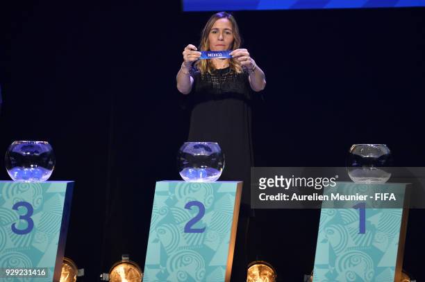 Camille Abily announces countries during the official draw for the FIFA U-20 Women's World Cup France 2018 on March 8, 2018 in Rennes, France.