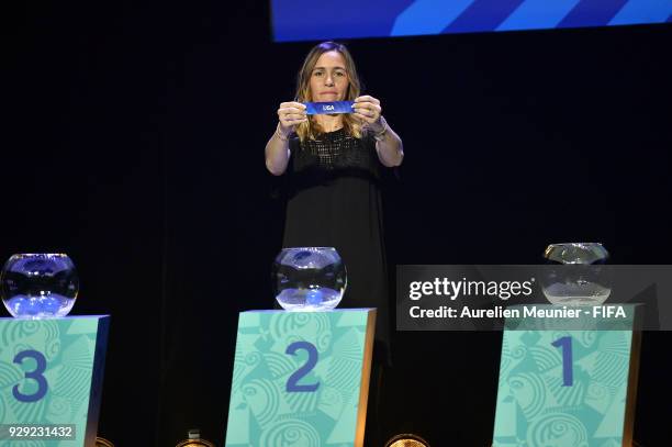Camille Abily announces countries during the official draw for the FIFA U-20 Women's World Cup France 2018 on March 8, 2018 in Rennes, France.