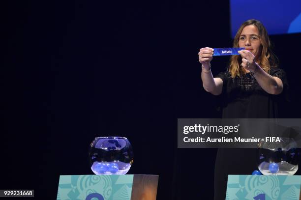 Camille Abily announces countries during the official draw for the FIFA U-20 Women's World Cup France 2018 on March 8, 2018 in Rennes, France.