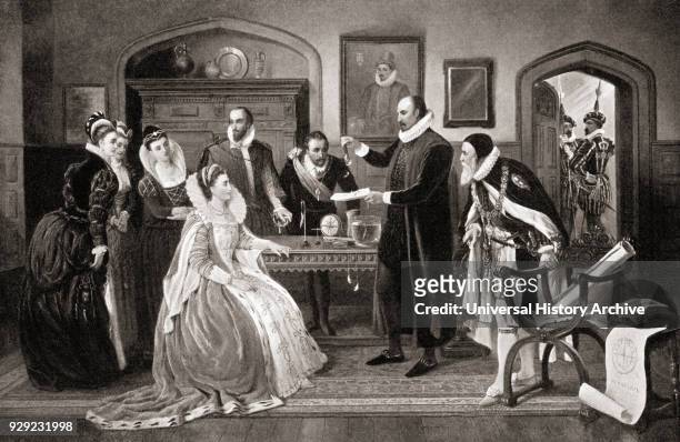William Gilbert, demonstrating his experiments in magnetism to Queen Elizabeth I. William Gilbert, aka Gilberd, 1544 – 1603. English physician,...
