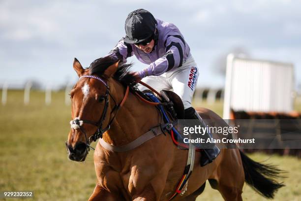 Bryony Frost riding Moabit clear the last to win The Smarkets Handicap Hurdle Race at Wincanton racecourse on March 8, 2018 in Wincanton, England.
