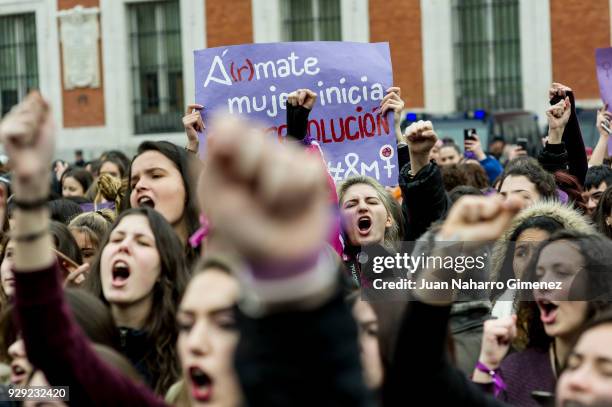 Women demand equal working rights and an end to violence against women in Spanish society at Puerta del Sol during International Women's Day on March...