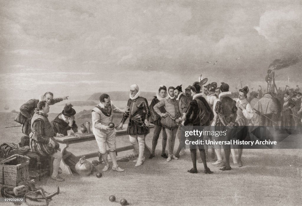 Sir Francis Drake playing bowls, with the Spanish Armada in sight at Plymouth Hoe, England in 1588