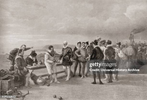 Sir Francis Drake playing bowls, with the Spanish Armada in sight at Plymouth Hoe, England in 1588. The story has it that when told of the arrival of...