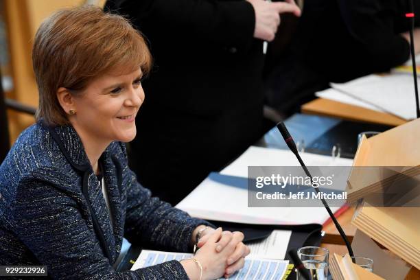 First Minister of Scotland Nicola Sturgeon answers questions during first minister's questions in the Scottish Parliament on March 8, 2018 in...