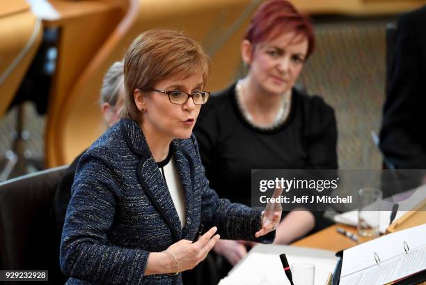 First Minister of Scotland Nicola Sturgeon answers questions during first minister's questions in the Scottish Parliament on March 8, 2018 in...