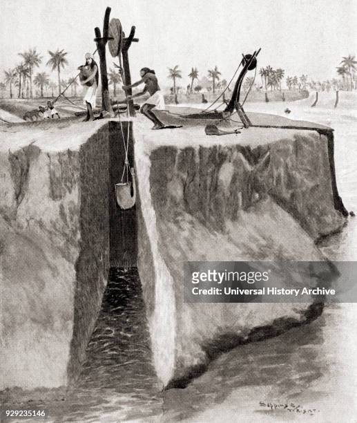 The Assyrian method of irrigation. The water was raised up the high banks of the Tigris using a skin which ended in a funnel, once at the top it was...
