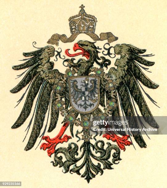 The coat of arms of the German Empire, 1889–1918, showing the Imperial Eagle. From Enciclopedia Ilustrada Segui, published c. 1900