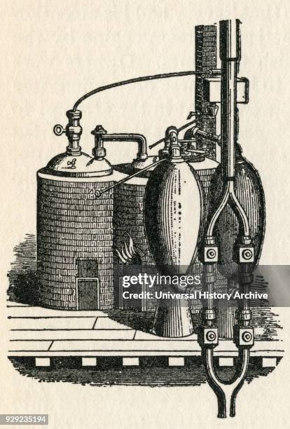 The 1698 steam engine invented by Thomas Savery. From The Romance of the Merchant Ship, published 1931.