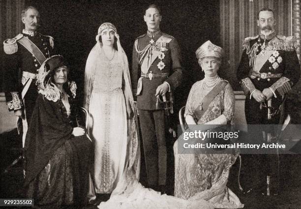 The British Royal Family at the wedding of The Duke and Duchess of York, 1923. From left to right, Claude George Bowes-Lyon, 14th Earl of Strathmore...