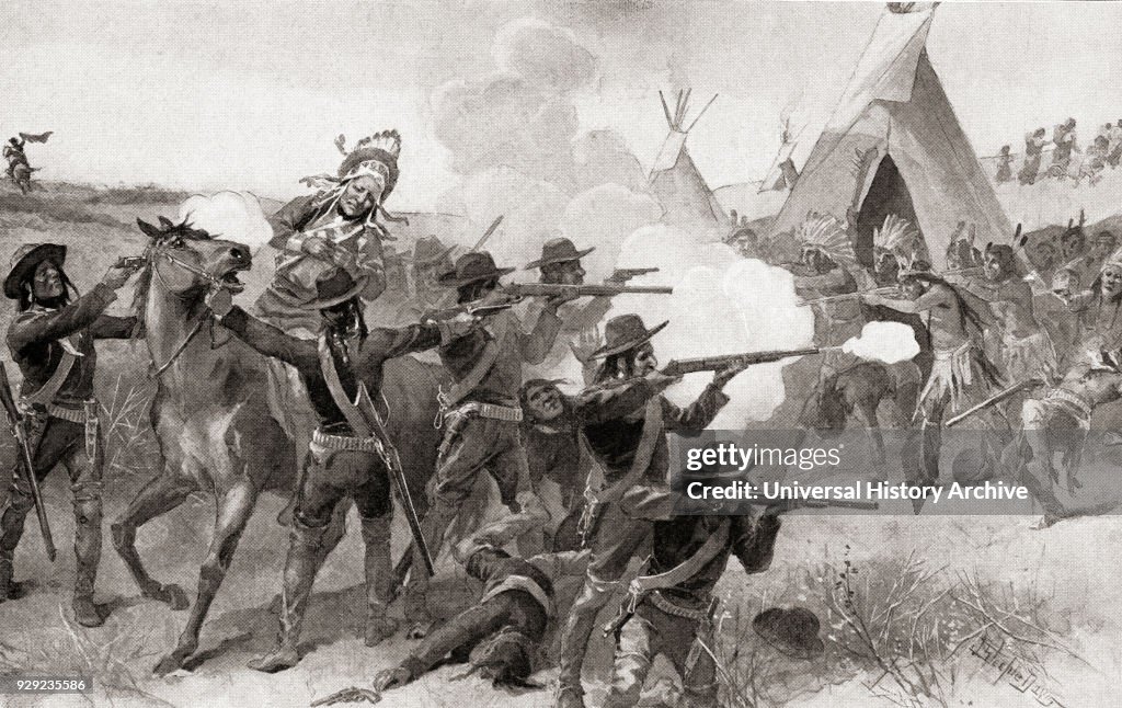 The death of Sitting Bull, shot and killed by Bull Head member of the Indian agency police, on the Standing Rock Indian Reservation, Dakota, United States of America during an attempt to arrest him