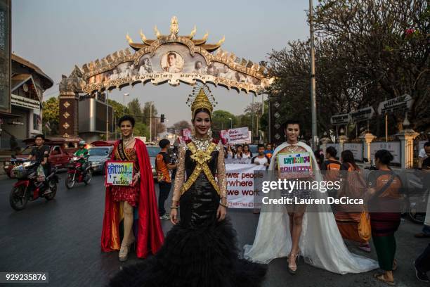 Ladyboy models participate in the annual International Women's Day March on March 8, 2018 in Chiang Mai, Thailand. Hundreds of women from several...