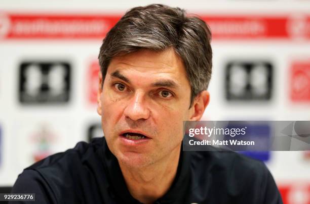 Manager Mauricio Pellegrino during a Southampton FC press conference at the Staplewood Campus on March 8, 2018 in Southampton, England.