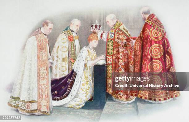 The coronation of the Queen by the Archbishop of Canterbury and attended by the Bishop of Oxford, the Bishop of Peterborough and the Dean of...