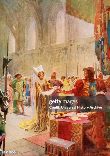 The Court of Claims during the reign of Edward V in the 15th century. This ceremony concerns the hearing of petitioners who claim the right to...