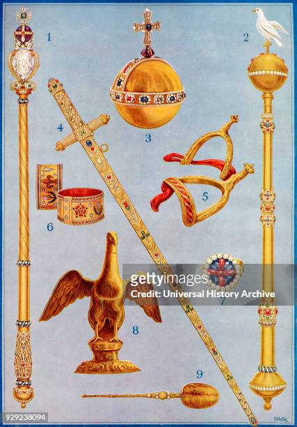 The Crown Jewels. 1. The King's Sceptre with the Cross. 2. The Sceptre with Dove. 3. The King's Orb. 4. The Jewelled Sword of State. 5. The Golden...