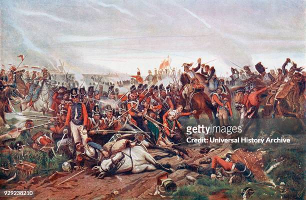 The Battle of Waterloo, Belgium, 18 June 1815. French Cuirassiers charging a British square. After the painting by Jazet. From The Century Edition of...