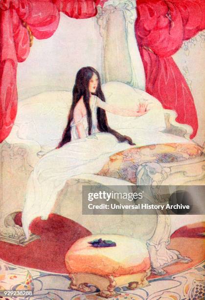 The House in the Wood, illustration from The Golden Wonder Book published 1934. The bed was of ivory, and the curtains of red velvet, and on a stool...