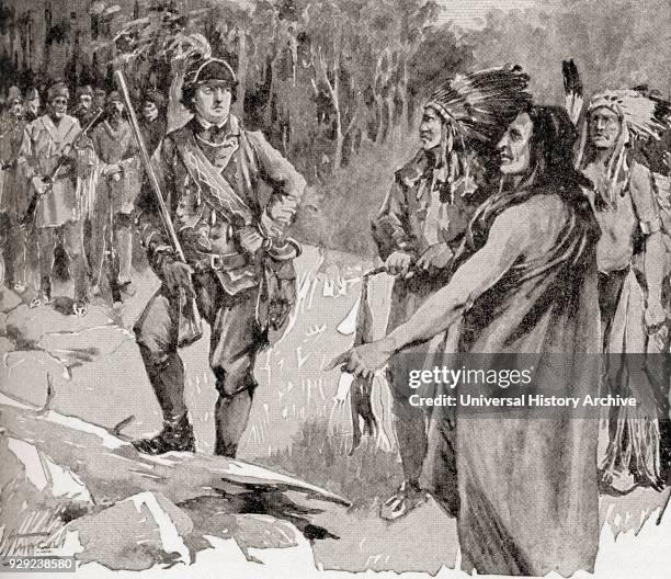 The meeting between Major Rogers and Chief Pontiac in 1760. Robert Rogers, 1731 – 1795. American colonial frontiersman. Pontiac, or Obwandiyag, c....