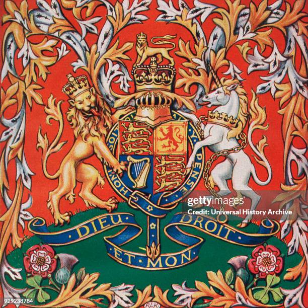 The Royal coat of arms of the United Kingdom. From Their Gracious Majesties King George VI and Queen Elizabeth, published 1937.